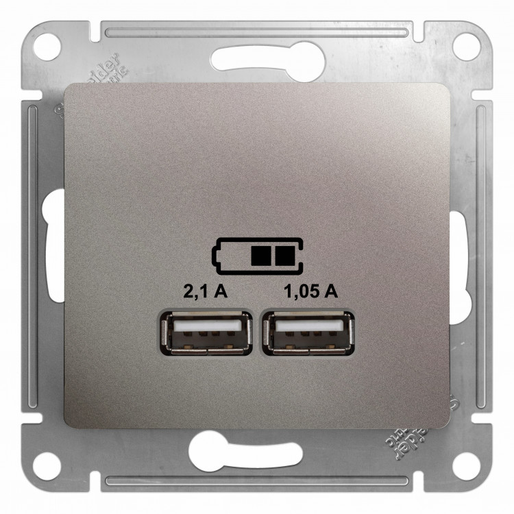 Glossa Платина USB Розетка, 5В/2100мА, 2х5В/1050мА, механизм Schneider Electric