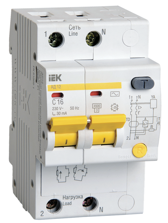 Выключатель автоматический дифференциальный АД12 2п 16А C 30мА тип AC (3 мод) IEK