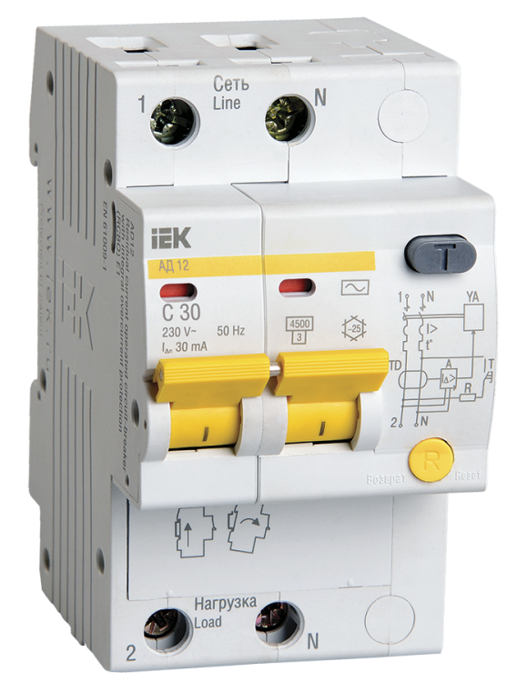 Выключатель автоматический дифференциальный АД12 2п 32А C 30мА тип AC (3 мод) IEK