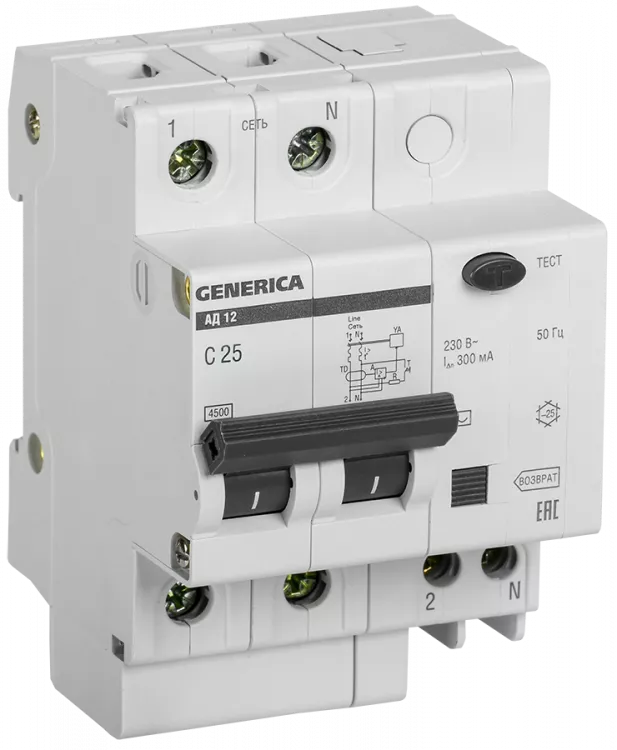 Выключатель автоматический дифференциальный АД12 GENERICA 2п 25А C 300мА тип AC (4 мод) IEK