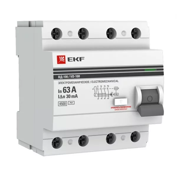 Выключатель дифференциальный (УЗО) ВД-100 4п 63А 30мА тип AC PROxima EKF