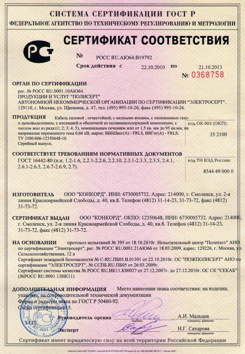Кабель ВВГНГ LS 3х1 5 сертификат соответствия